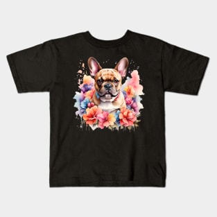 A french bulldog  decorated with beautiful watercolor flowers Kids T-Shirt